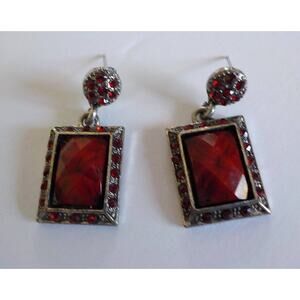 Vintage Red Square Dangle Earrings with Red Crytals Silver Metal 1.25"